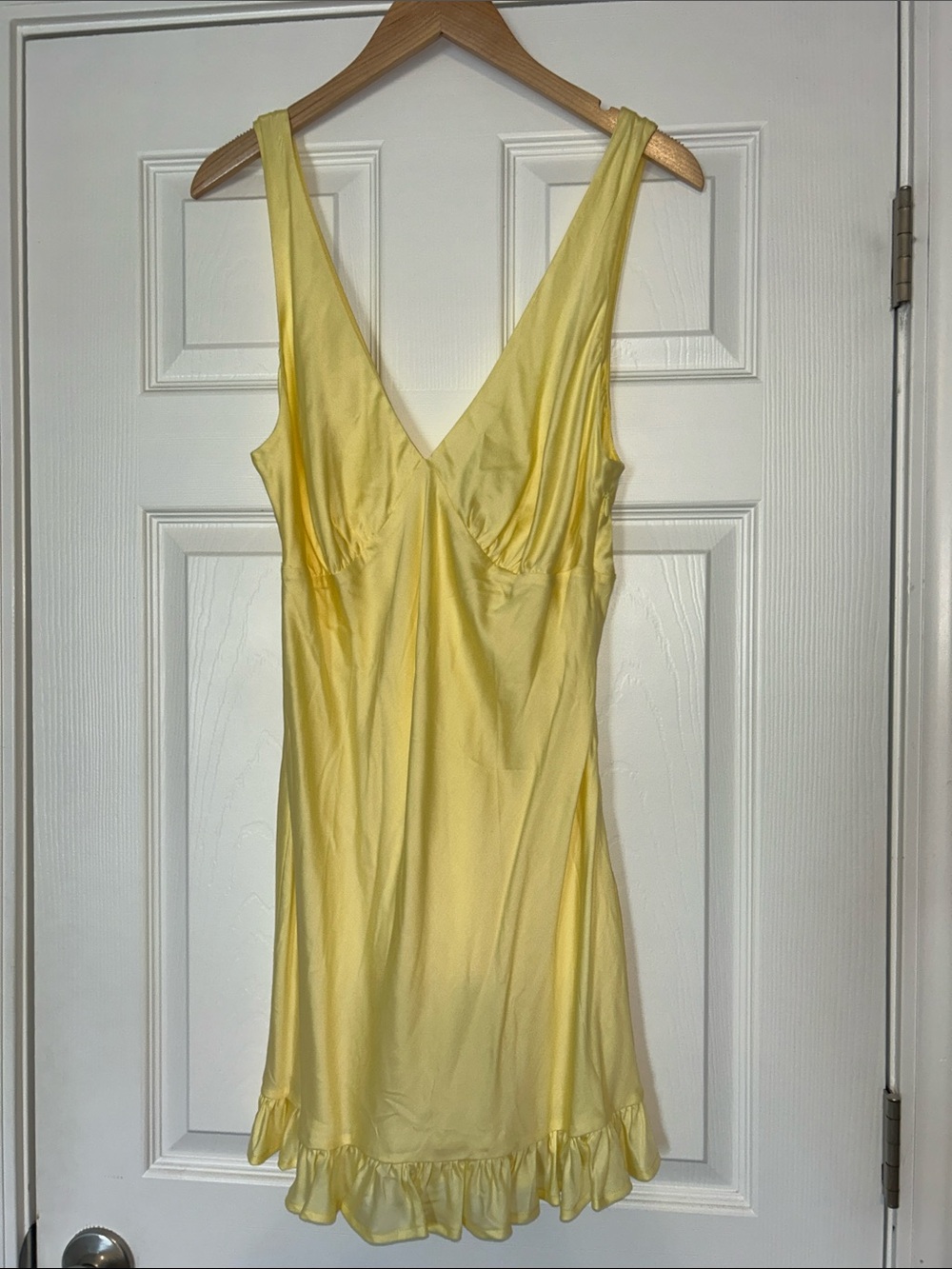PINK Victoria's Secret Pale Yellow Satin V-Neck Minidress with Ruffle Hem